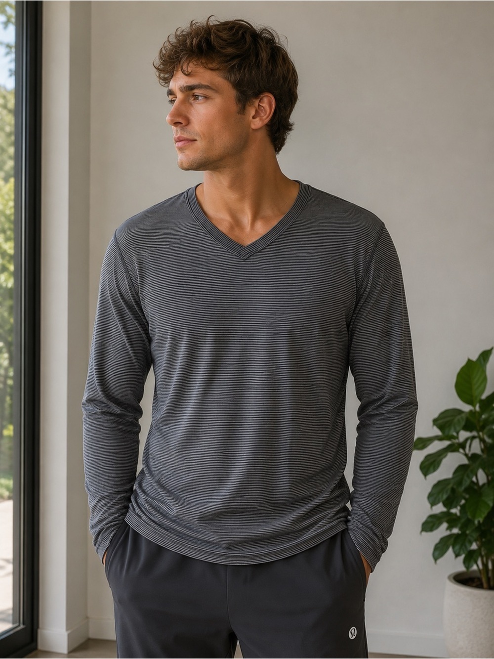 Lululemon Striped V-Neck Long Sleeve Top - Gray Size L Activewear Athleisure